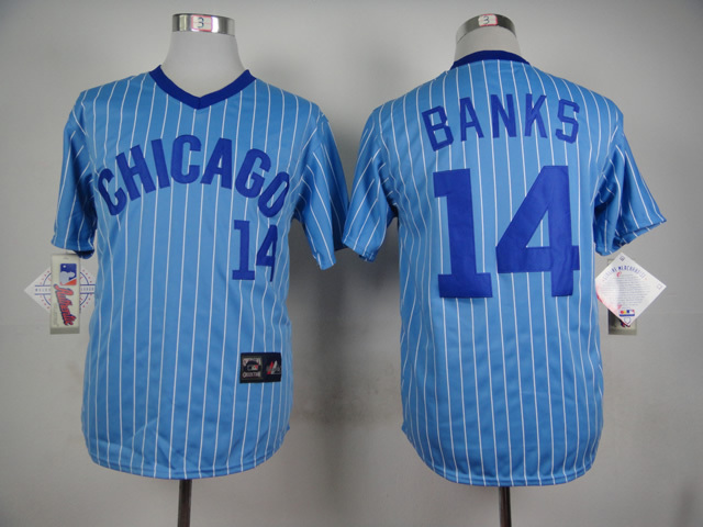 Men Chicago Cubs #14 Banks Blue Stripe Throwback MLB Jerseys->chicago cubs->MLB Jersey